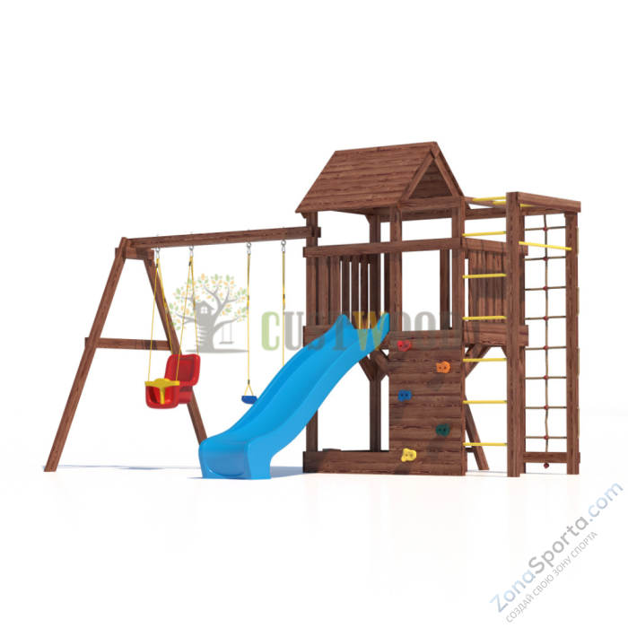 Детская деревянная игровая площадка для улицы дачи CustWood Scout SC4 с деревянной крышей